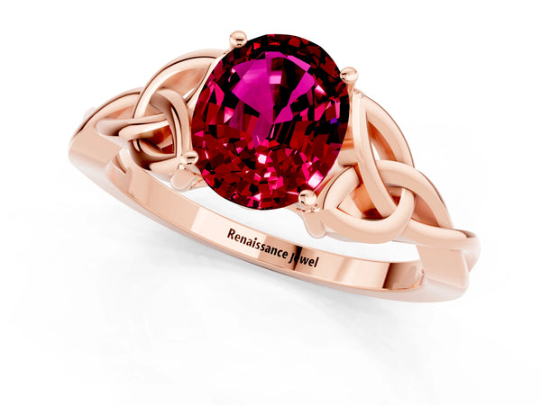 Rose gold Oval Cut Garnet Solitaire Engagement Ring with Celtic Knot Band and Four-Prong Setting