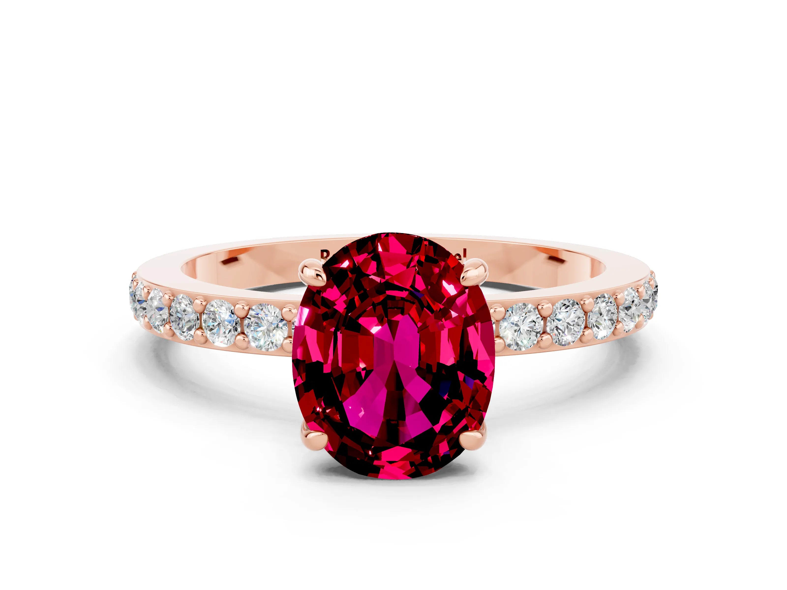 Rose gold Oval Cut Garnet Solitaire Engagement Ring with Pavé Band and Four-Prong Setting