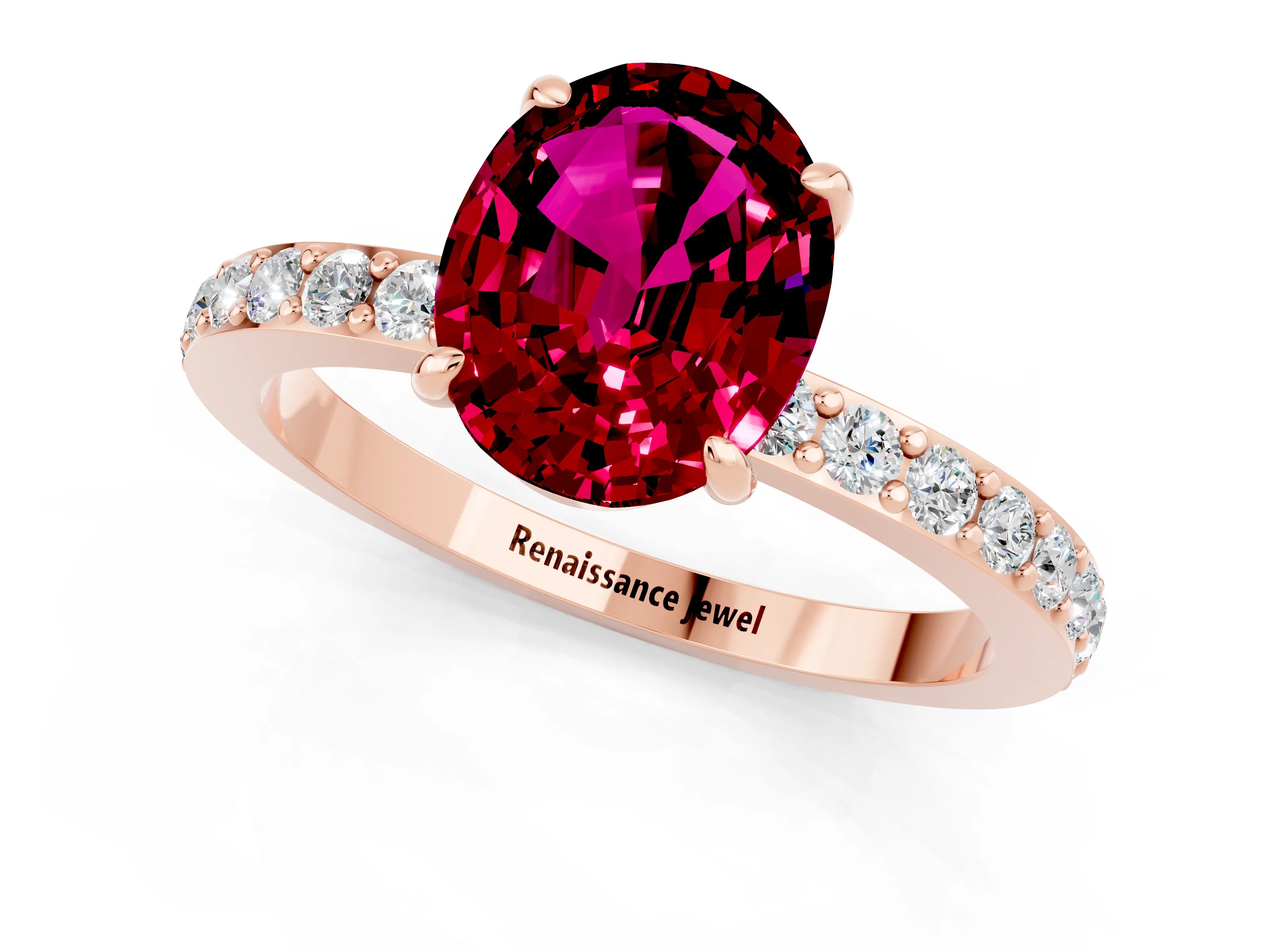 Rose gold Oval Cut Garnet Solitaire Engagement Ring with Pavé Band and Four-Prong Setting_1