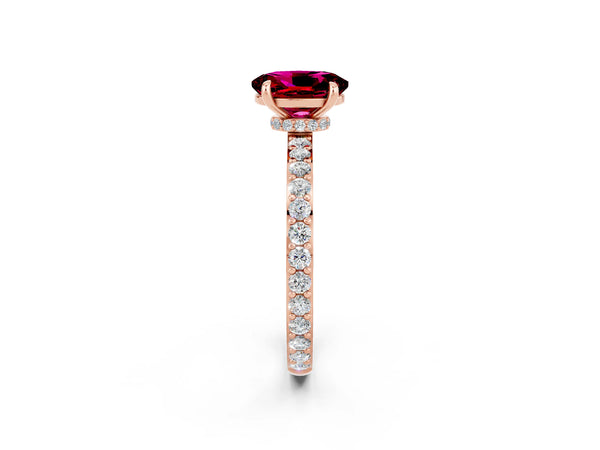 Rose gold Oval Cut Garnet Solitaire Engagement Ring with Pavé Band and Four-Prong Setting