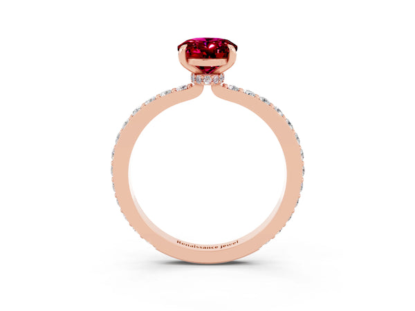 Rose gold Oval Cut Garnet Solitaire Engagement Ring with Pavé Band and Four-Prong Setting