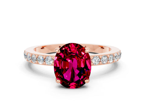 Rose gold Oval Cut Garnet Solitaire Engagement Ring with Pavé Band and Four-Prong Setting