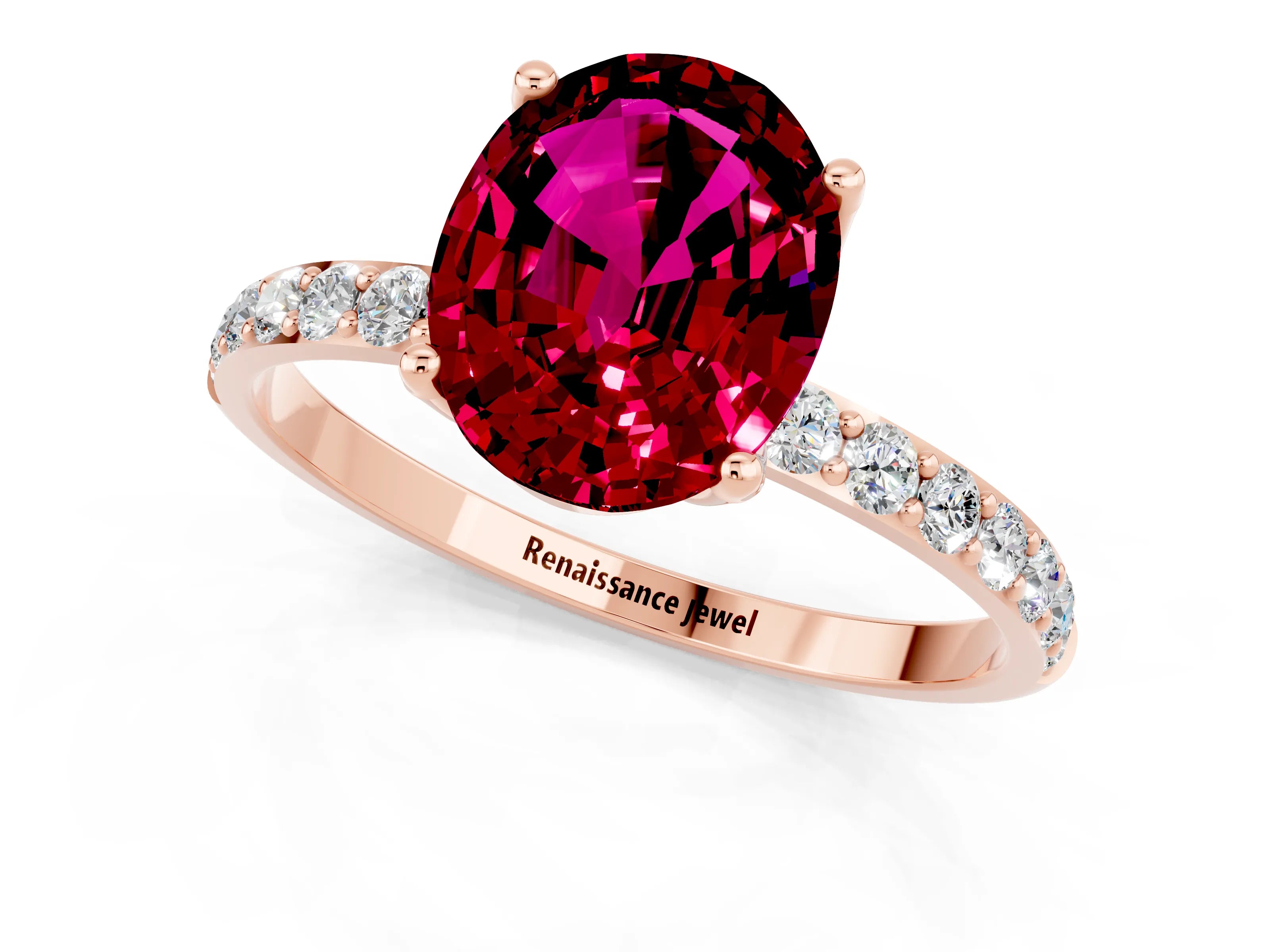 Rose gold Oval Cut Garnet Solitaire Engagement Ring with Pavé Band and Prong Setting_1