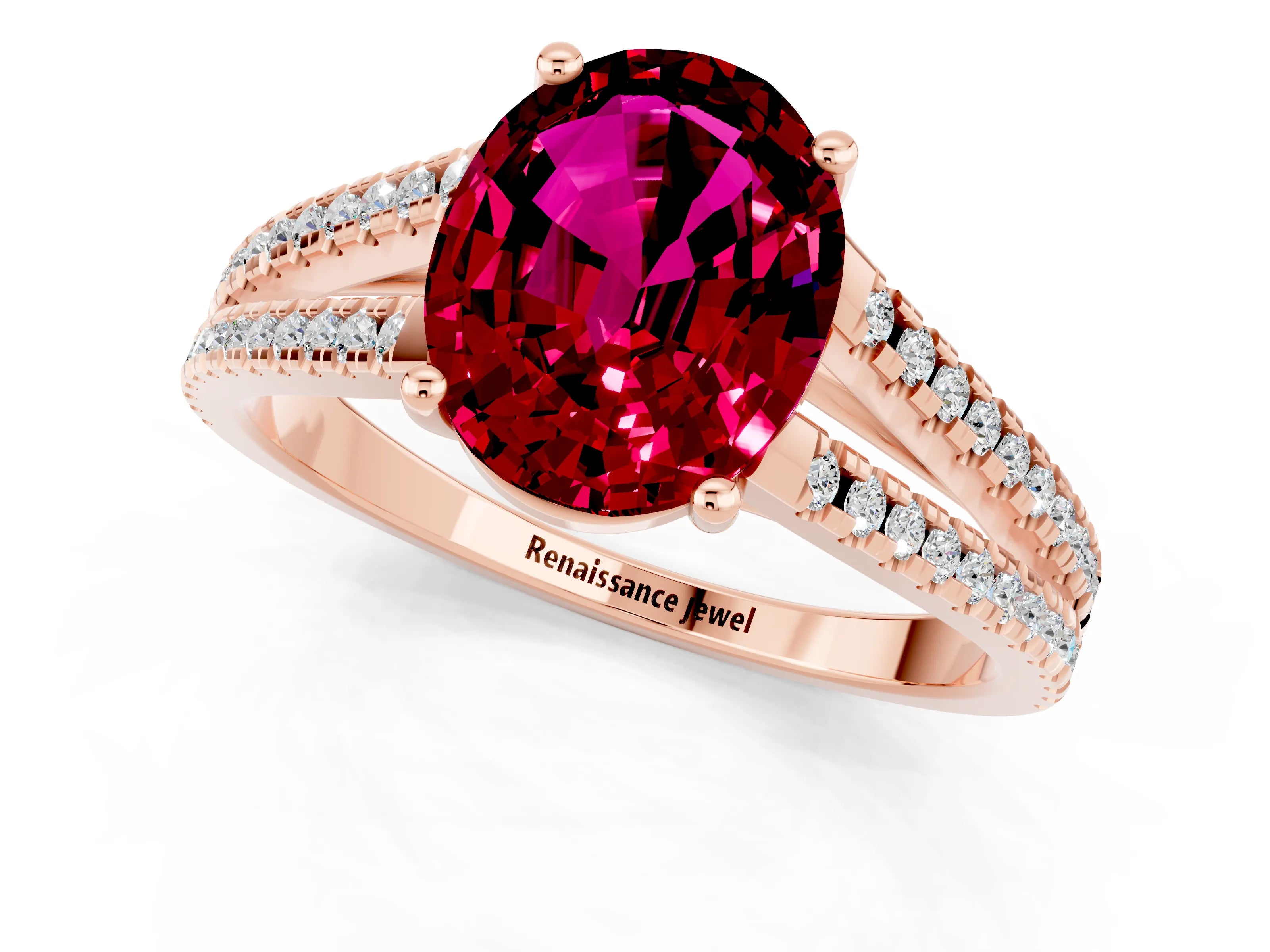 Rose gold Oval Cut Garnet Solitaire Engagement Ring with Split Shank Pavé Band_1