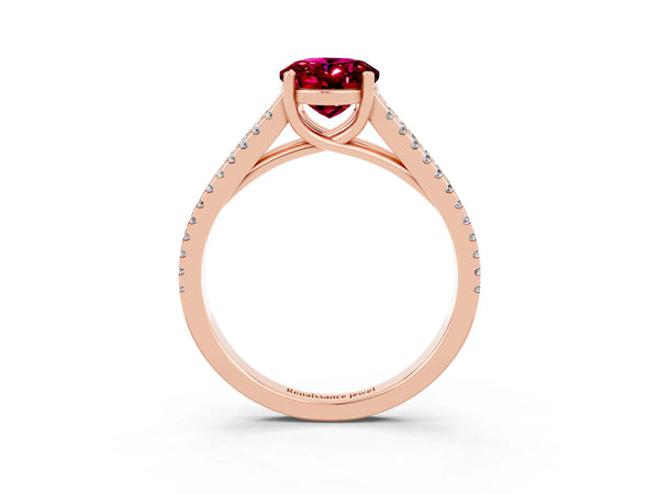 Rose gold Oval Cut Garnet Solitaire Engagement Ring with Split Shank Pavé Band