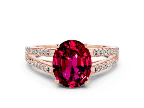 Rose gold Oval Cut Garnet Solitaire Engagement Ring with Split Shank Pavé Band