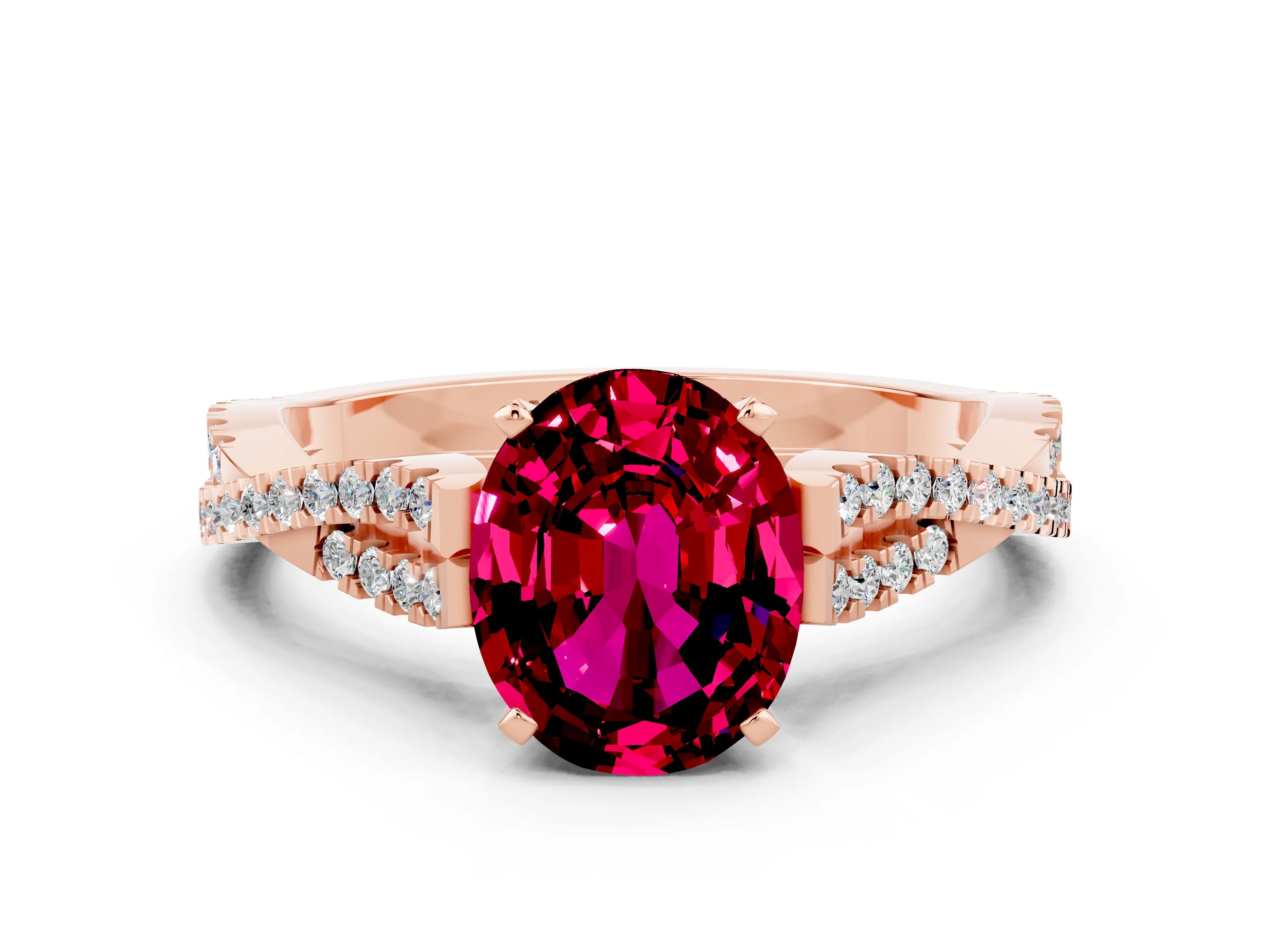Rose gold Oval Cut Garnet Solitaire Engagement Ring with Twisted Pavé Band and Four-Prong Setting