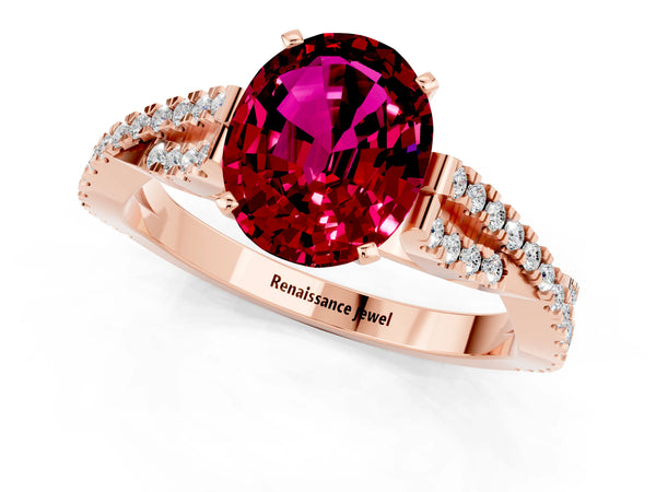Rose gold Oval Cut Garnet Solitaire Engagement Ring with Twisted Pavé Band and Four-Prong Setting