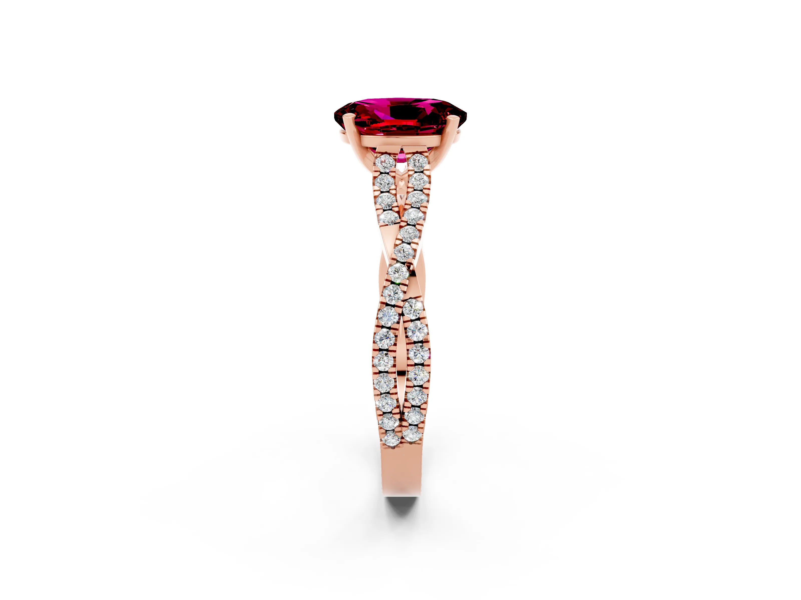 Rose gold Oval Cut Garnet Solitaire Engagement Ring with Twisted Pavé Band and Four-Prong Setting_2
