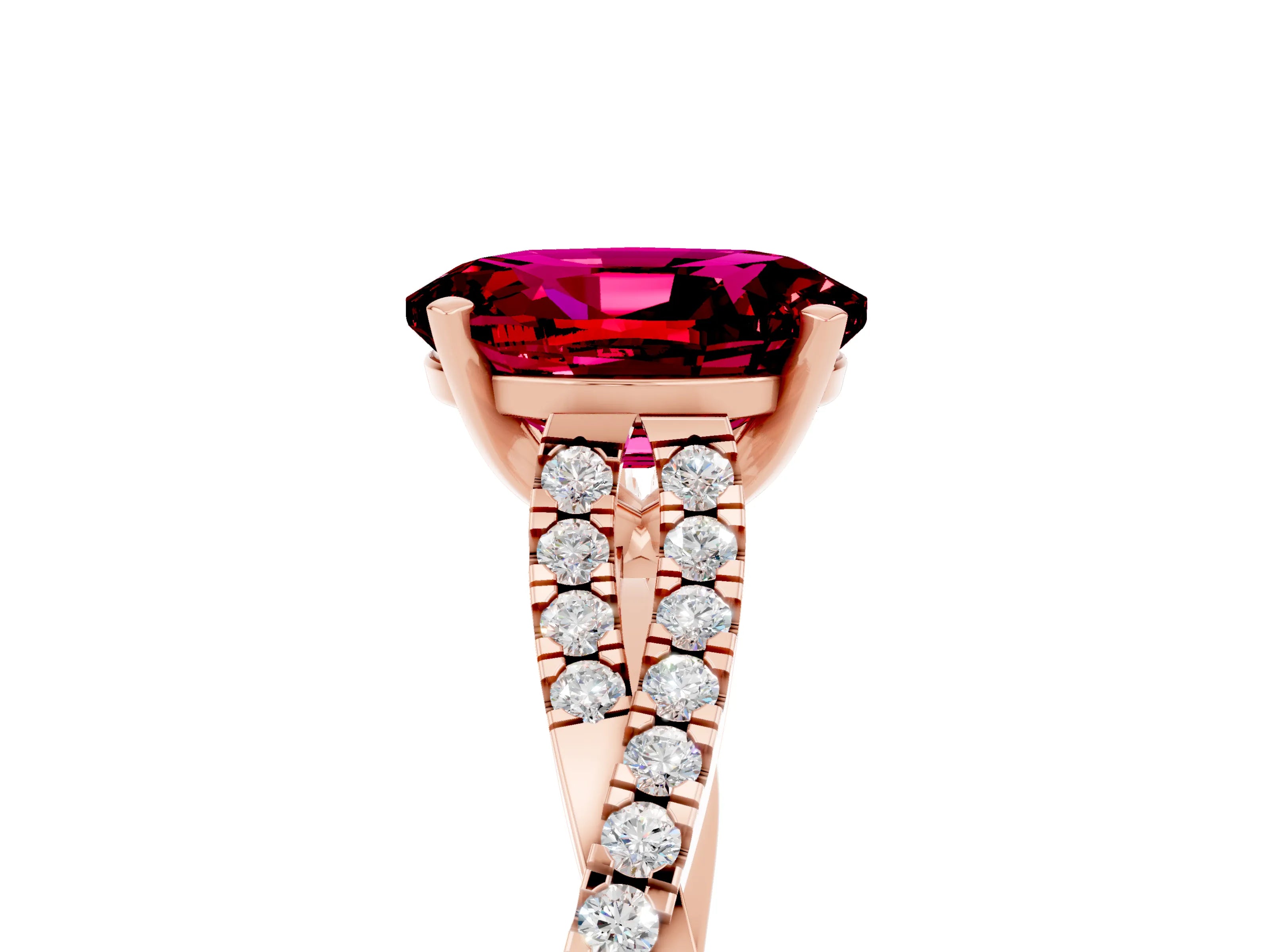 Rose gold Oval Cut Garnet Solitaire Engagement Ring with Twisted Pavé Band and Four-Prong Setting_5