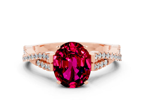 Rose gold Oval Cut Garnet Solitaire Engagement Ring with Twisted Pavé Band and Four-Prong Setting