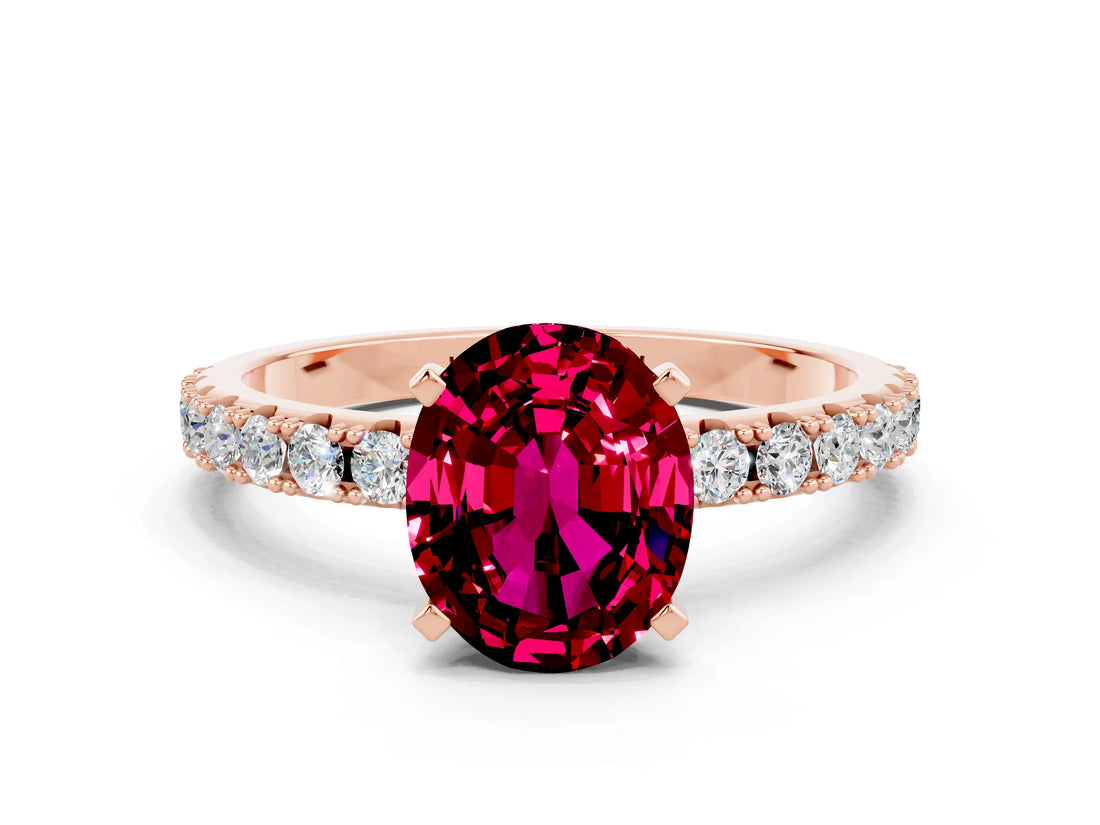 Rose gold Oval Cut Garnet Solitaire Pavé Band with Four-Prong Setting