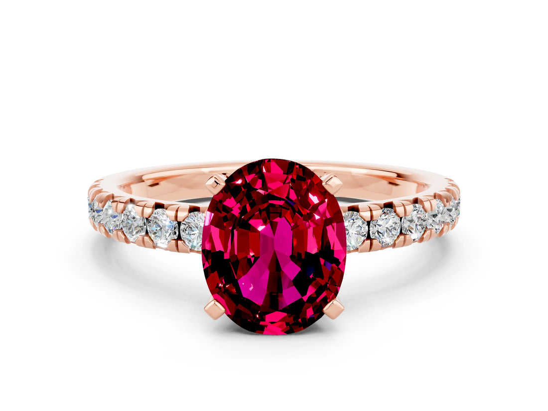 Rose gold Oval Cut Garnet Solitaire Pavé Engagement Ring with Round Band and Prong Setting_66