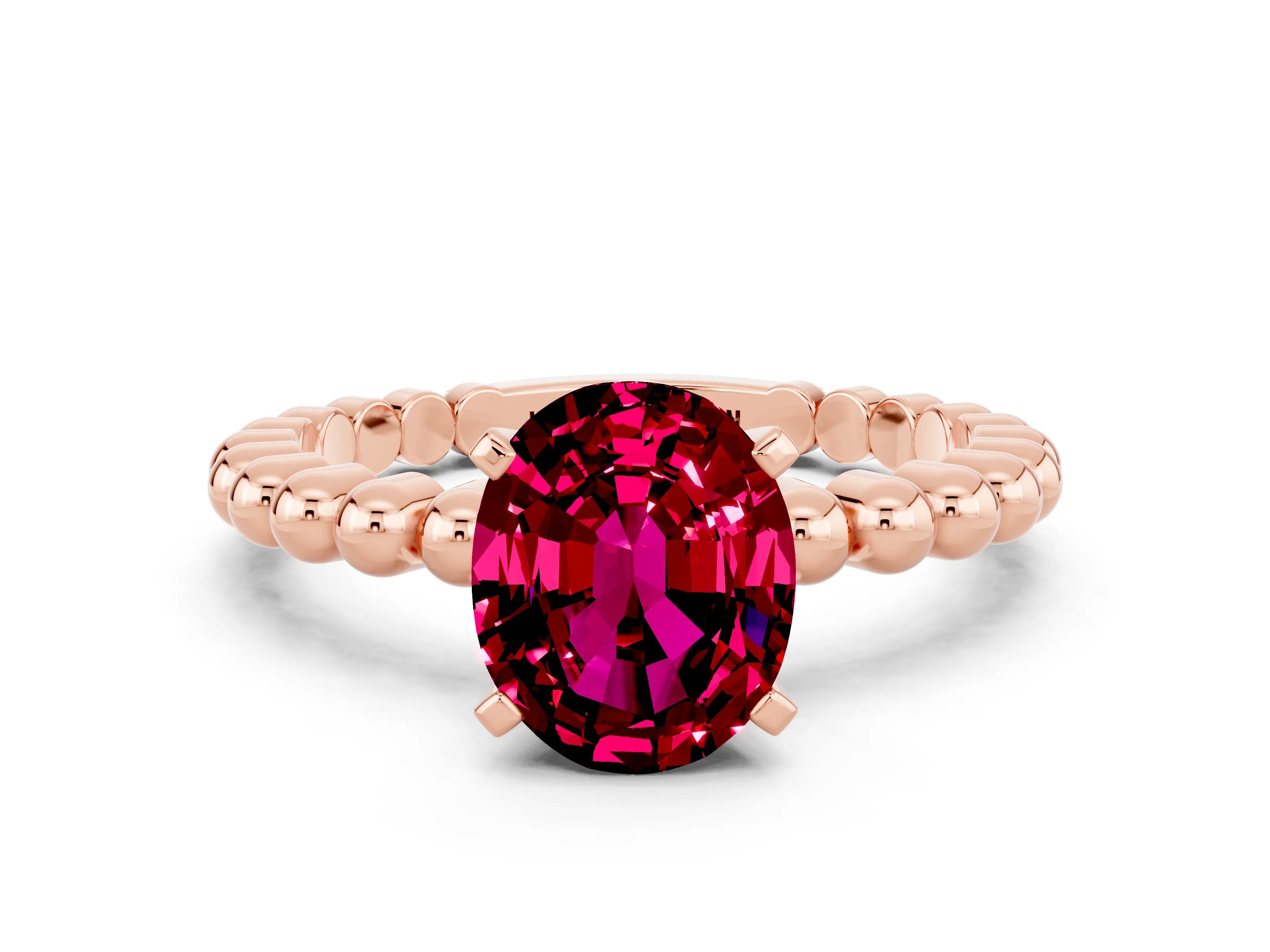 Rose gold Oval Cut Garnet Solitaire Ring with Beaded Band and Prong Setting