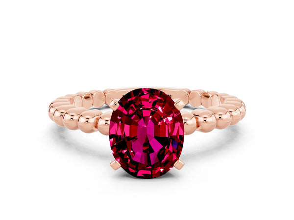 Rose gold Oval Cut Garnet Solitaire Ring with Beaded Band and Prong Setting