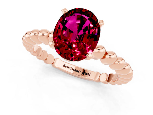 Rose gold Oval Cut Garnet Solitaire Ring with Beaded Band and Prong Setting