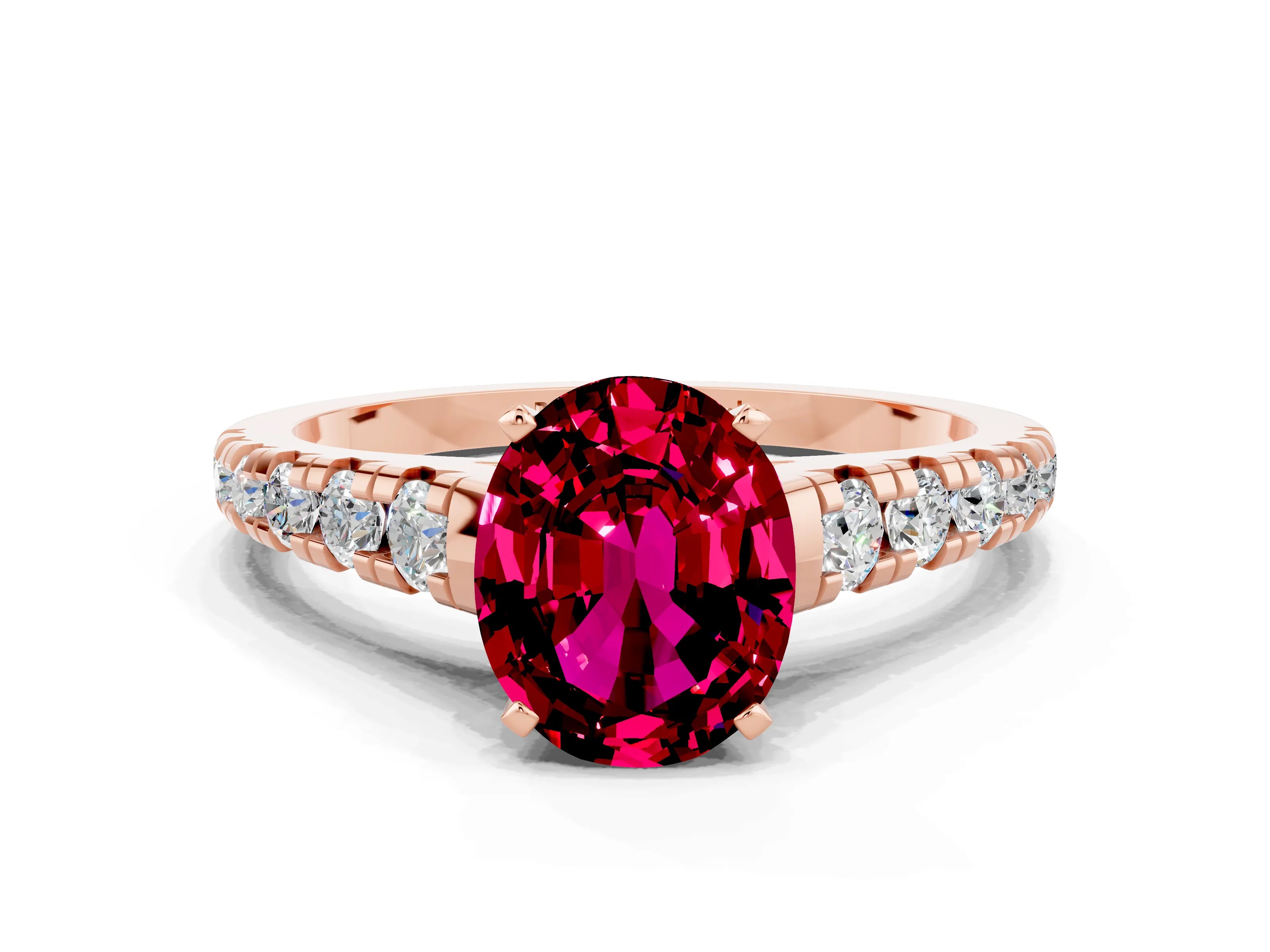 Rose gold Oval Cut Garnet Solitaire Ring with Cathedral Setting and Pavé Band