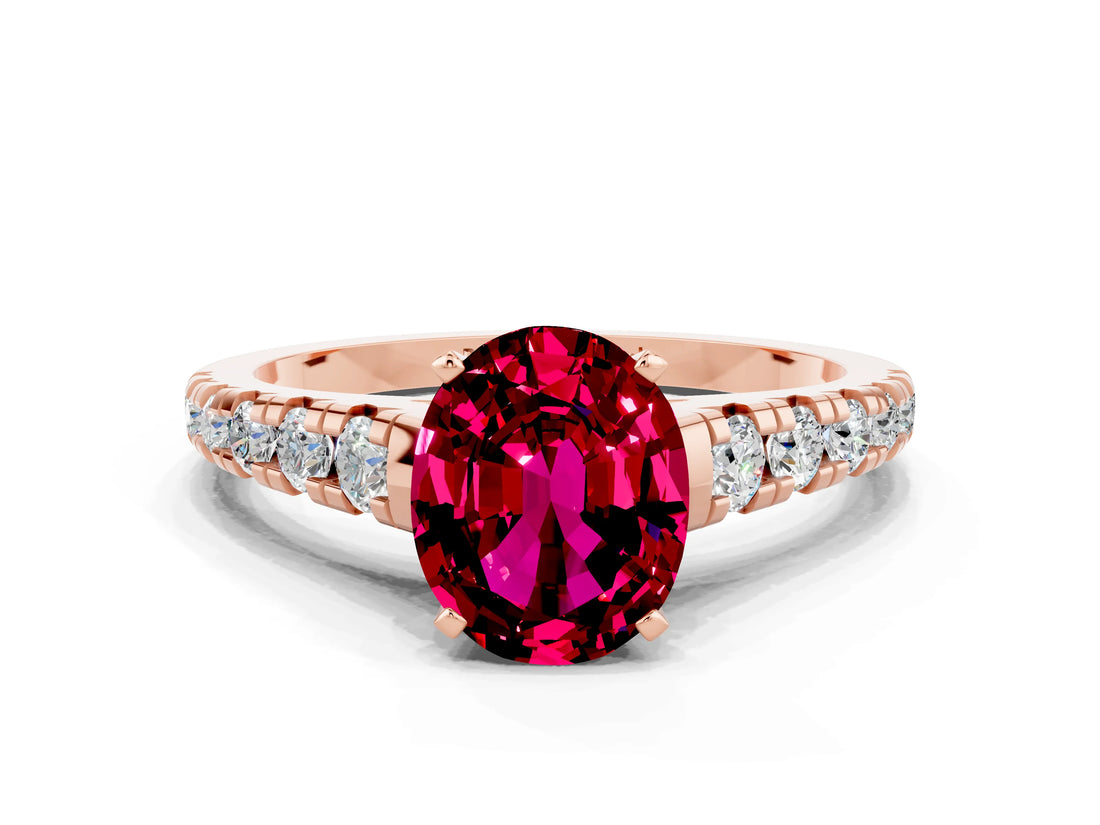 Rose gold Oval Cut Garnet Solitaire Ring with Cathedral Setting and Pavé Band