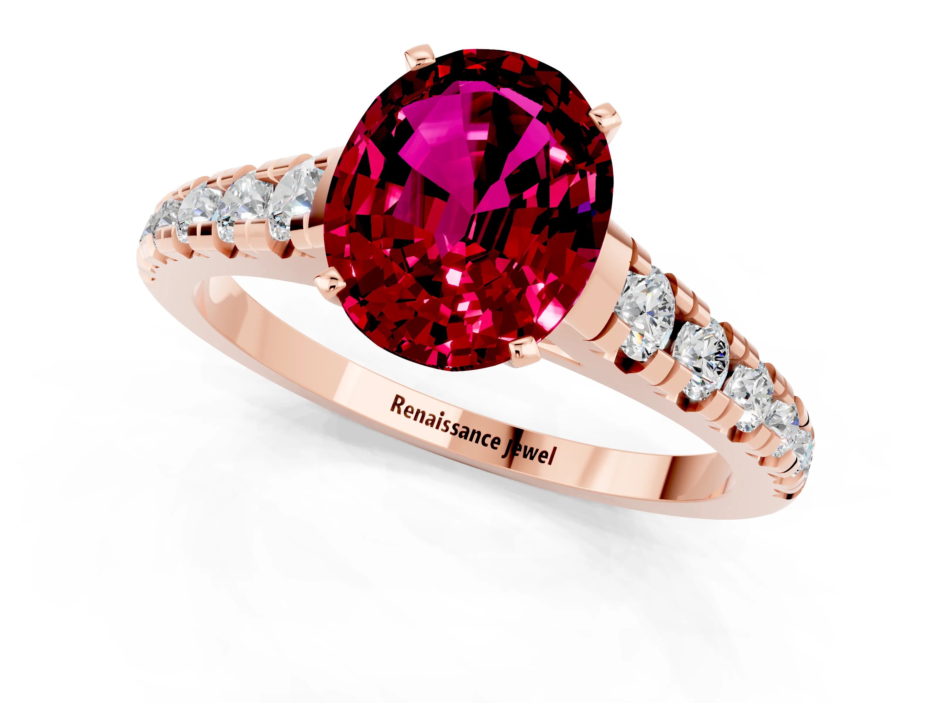 Rose gold Oval Cut Garnet Solitaire Ring with Cathedral Setting and Pavé Band_1