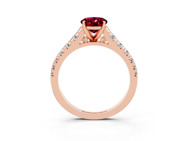 Rose gold Oval Cut Garnet Cathedral Solitaire Ring with Round  Pavé Band