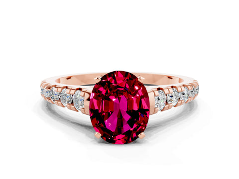 Rose gold Oval Cut Garnet Solitaire Ring with Cathedral Setting and Pavé Band