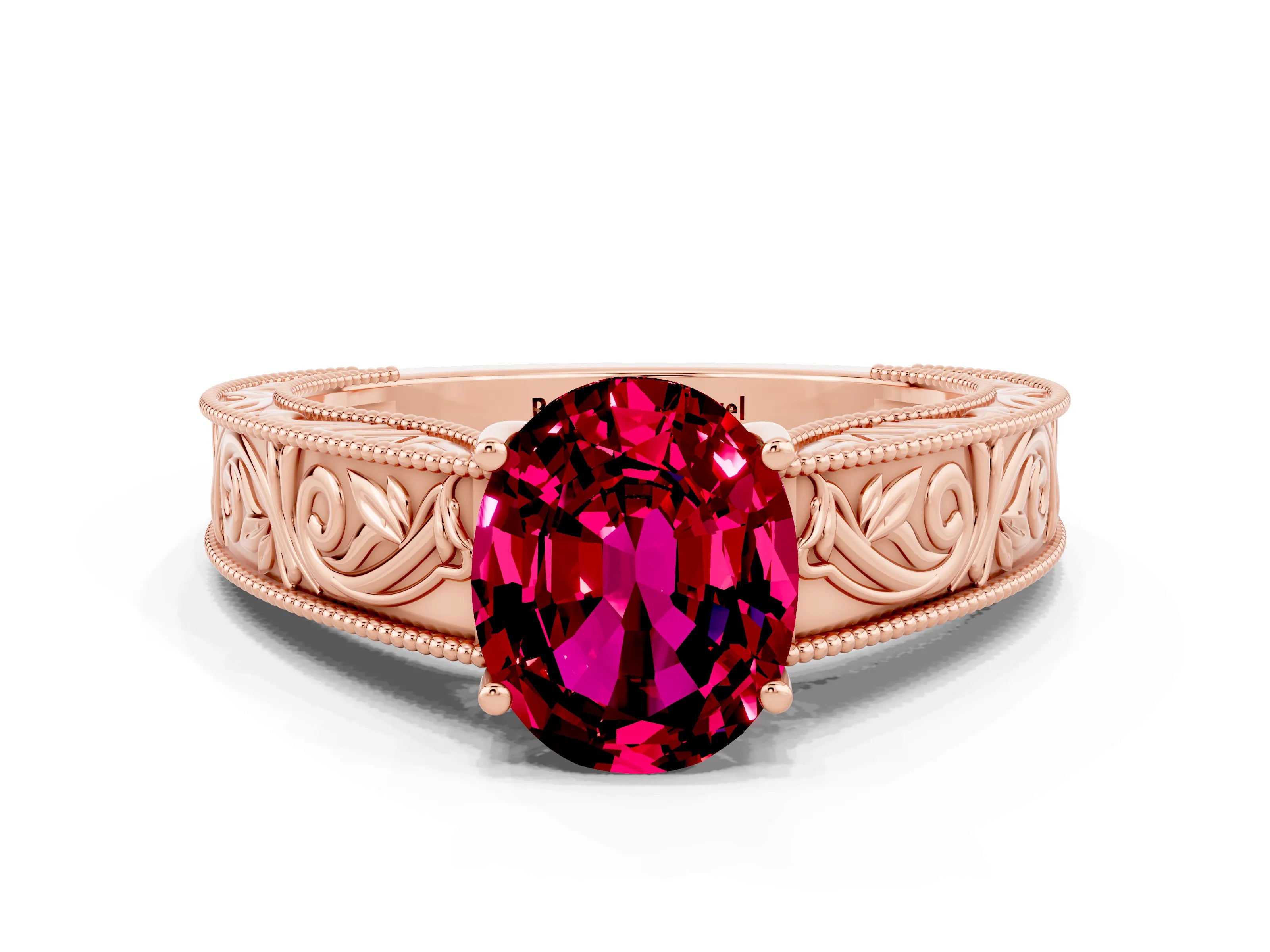 Rose gold Oval Cut Garnet Solitaire Ring with Engraved Band and Four-Prong Setting