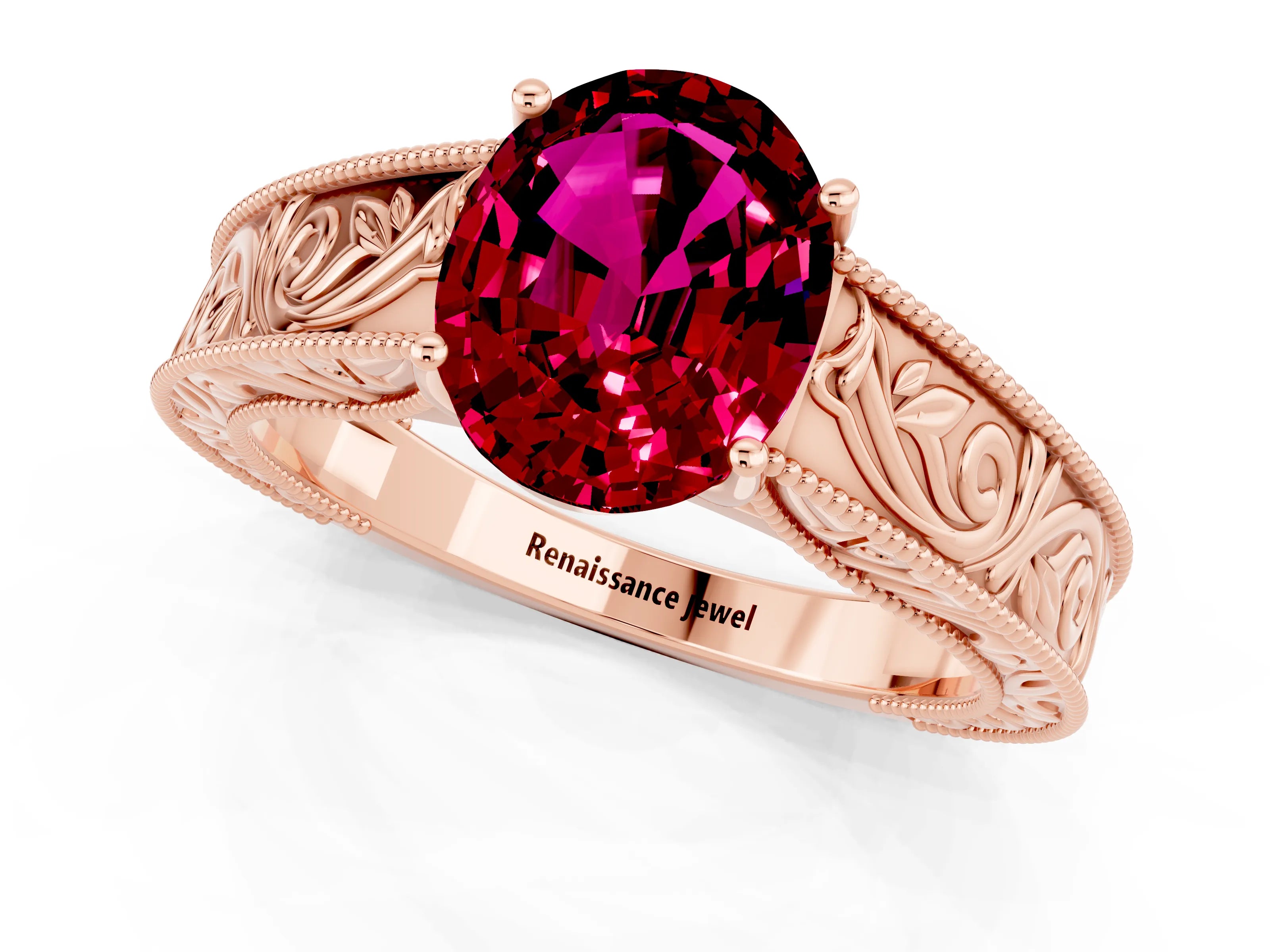Rose gold Oval Cut Garnet Solitaire Ring with Engraved Band and Four-Prong Setting_1