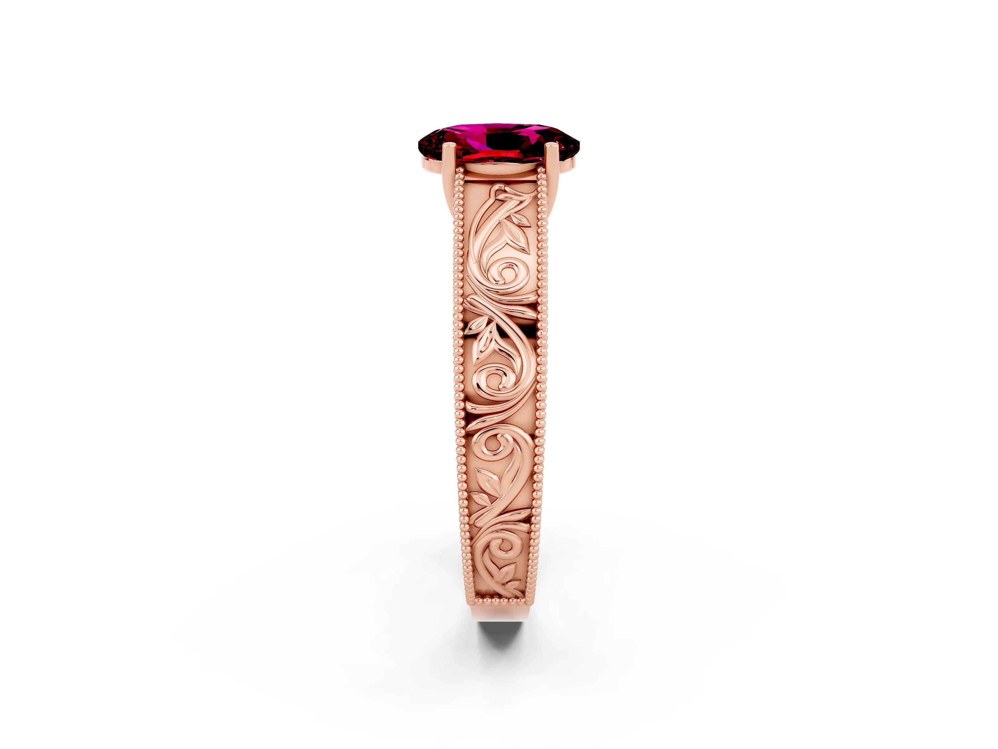 Rose gold Oval Cut Garnet Solitaire Ring with Engraved Band and Four-Prong Setting_2