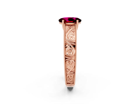 Rose gold Oval Cut Garnet Solitaire Ring with Engraved Band and Four-Prong Setting_2