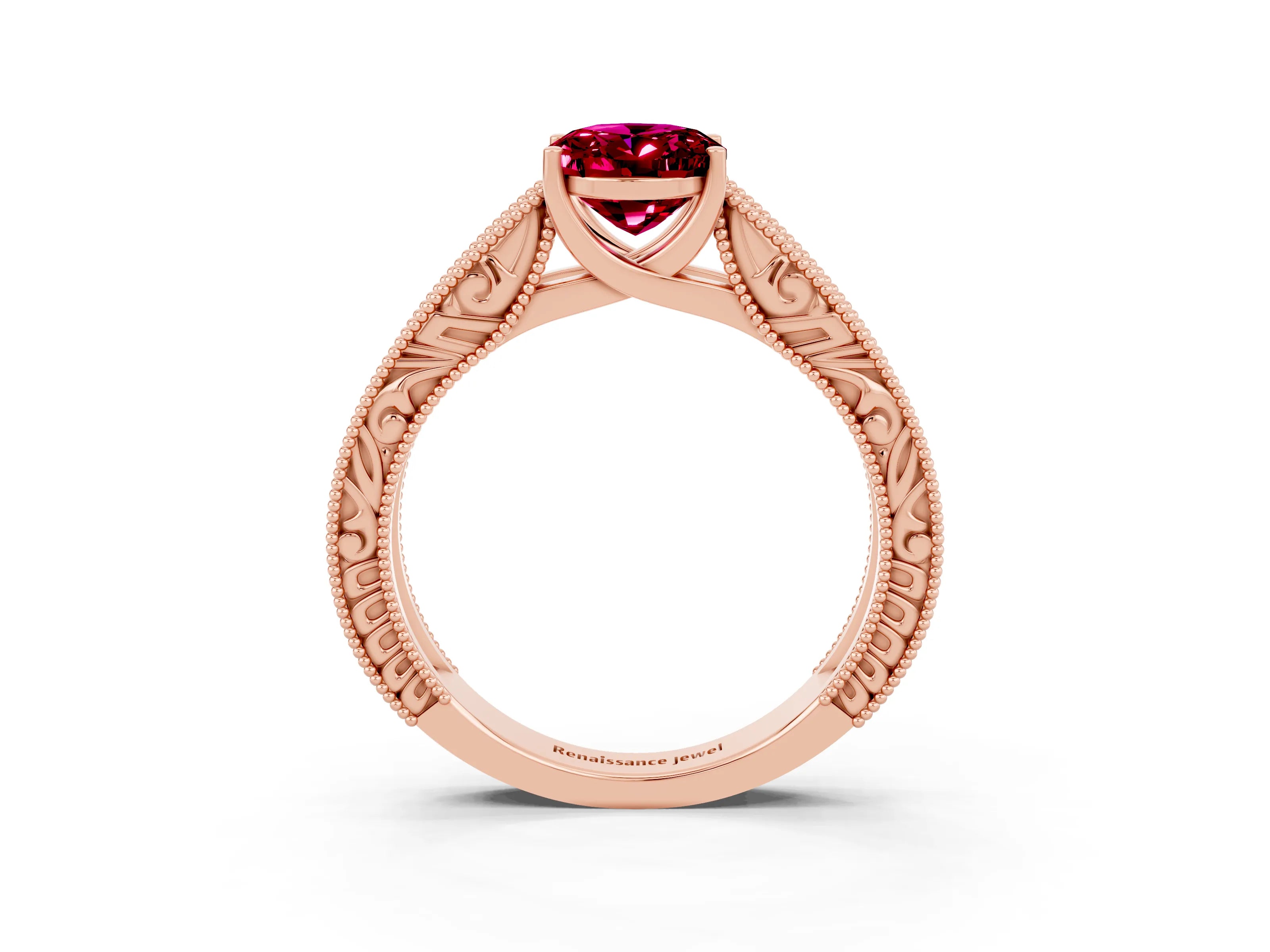 Rose gold Oval Cut Garnet Solitaire Ring with Engraved Band and Four-Prong Setting_3