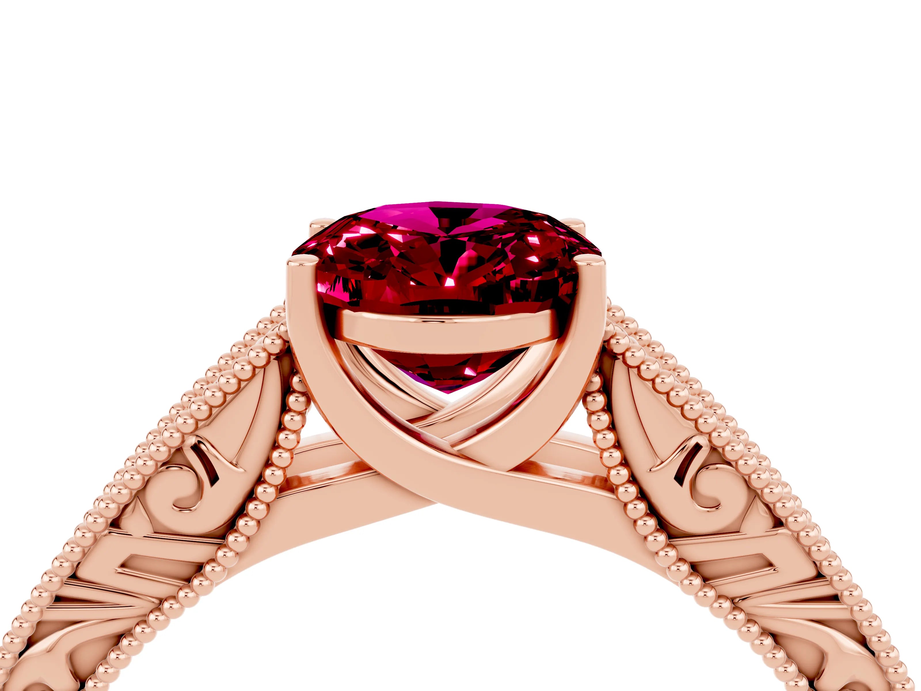 Rose gold Oval Cut Garnet Solitaire Ring with Engraved Band and Four-Prong Setting_4