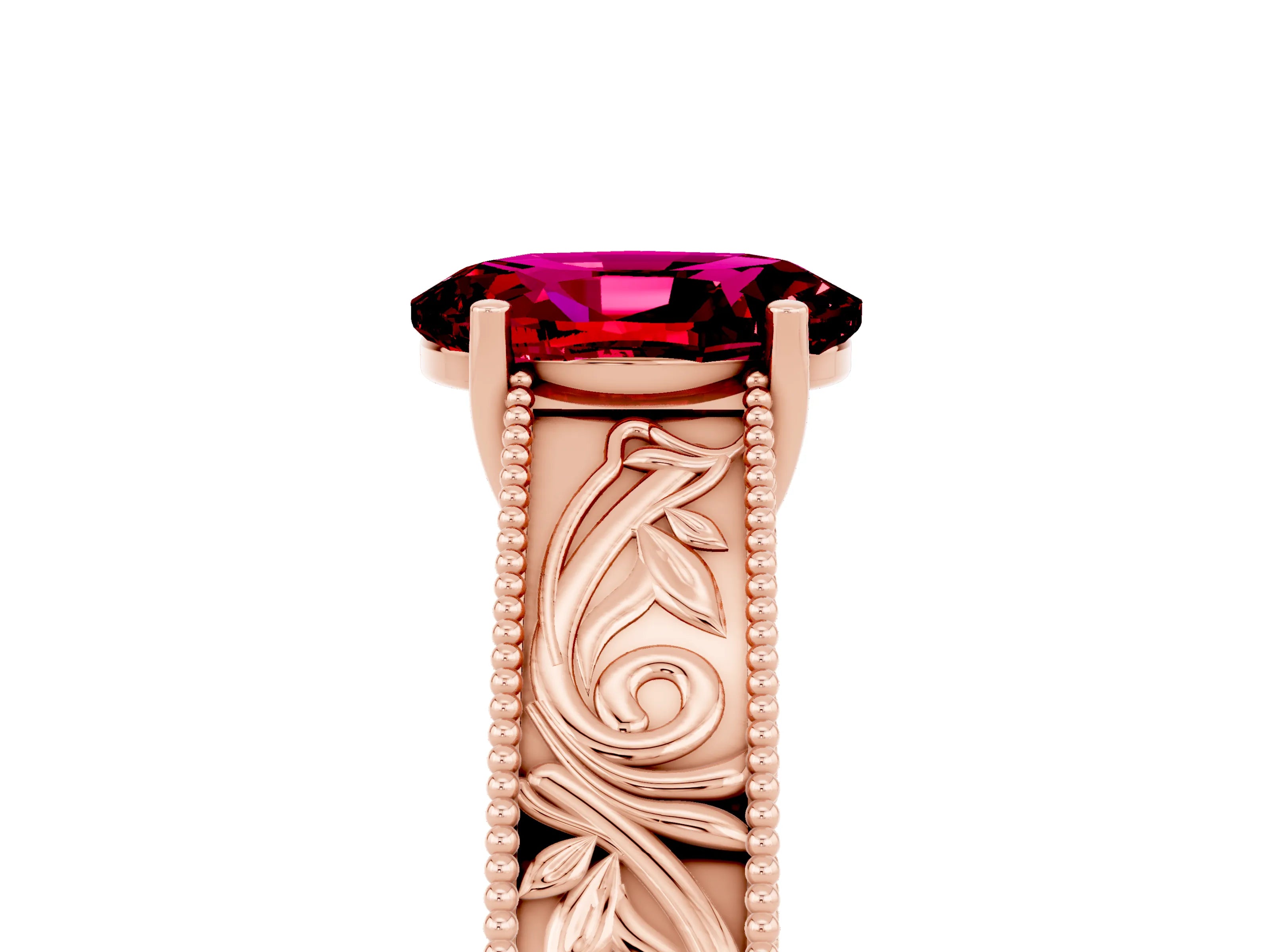 Rose gold Oval Cut Garnet Solitaire Ring with Engraved Band and Four-Prong Setting_5