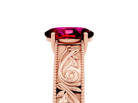 Rose gold Oval Cut Garnet Solitaire Ring with Engraved Band and Four-Prong Setting_5