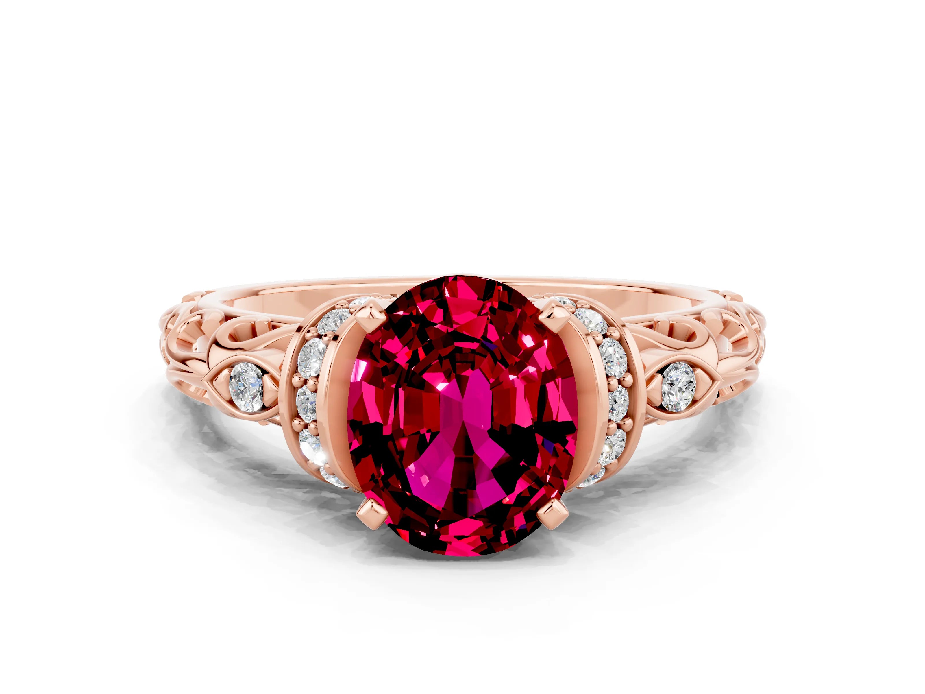 Rose gold Oval Cut Garnet Solitaire Ring with Filigree Band and Four-Prong Setting_24