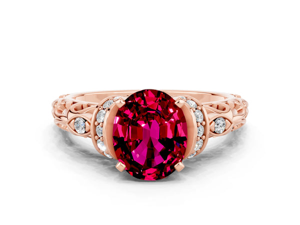 Rose gold Oval Cut Garnet Solitaire Ring with Filigree Band and Four-Prong Setting