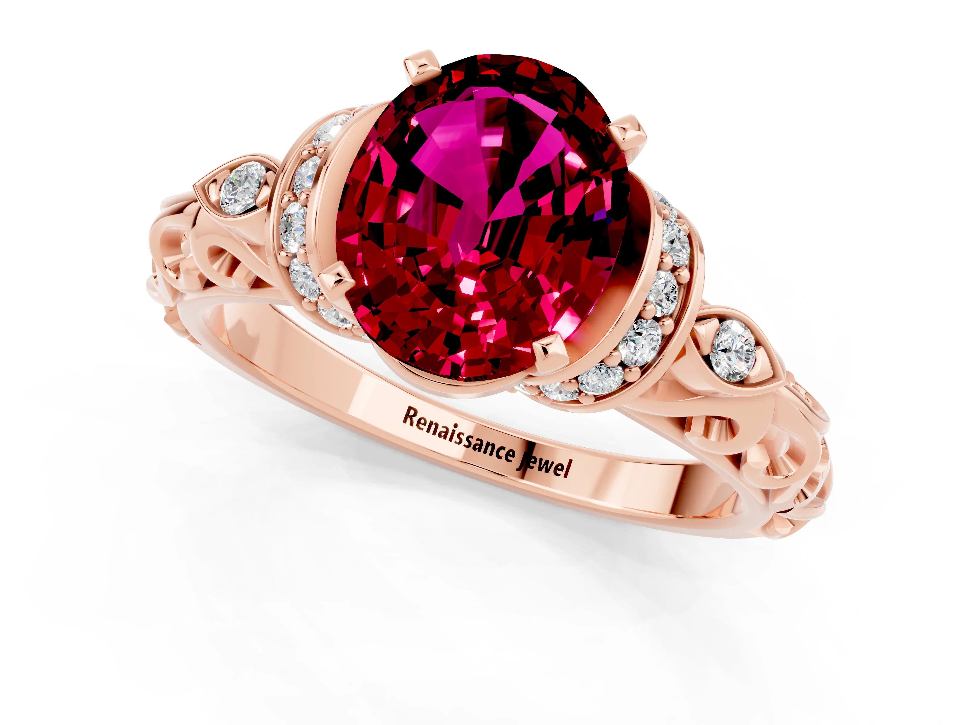 Rose gold Oval Cut Garnet Solitaire Ring with Filigree Band and Four-Prong Setting_25