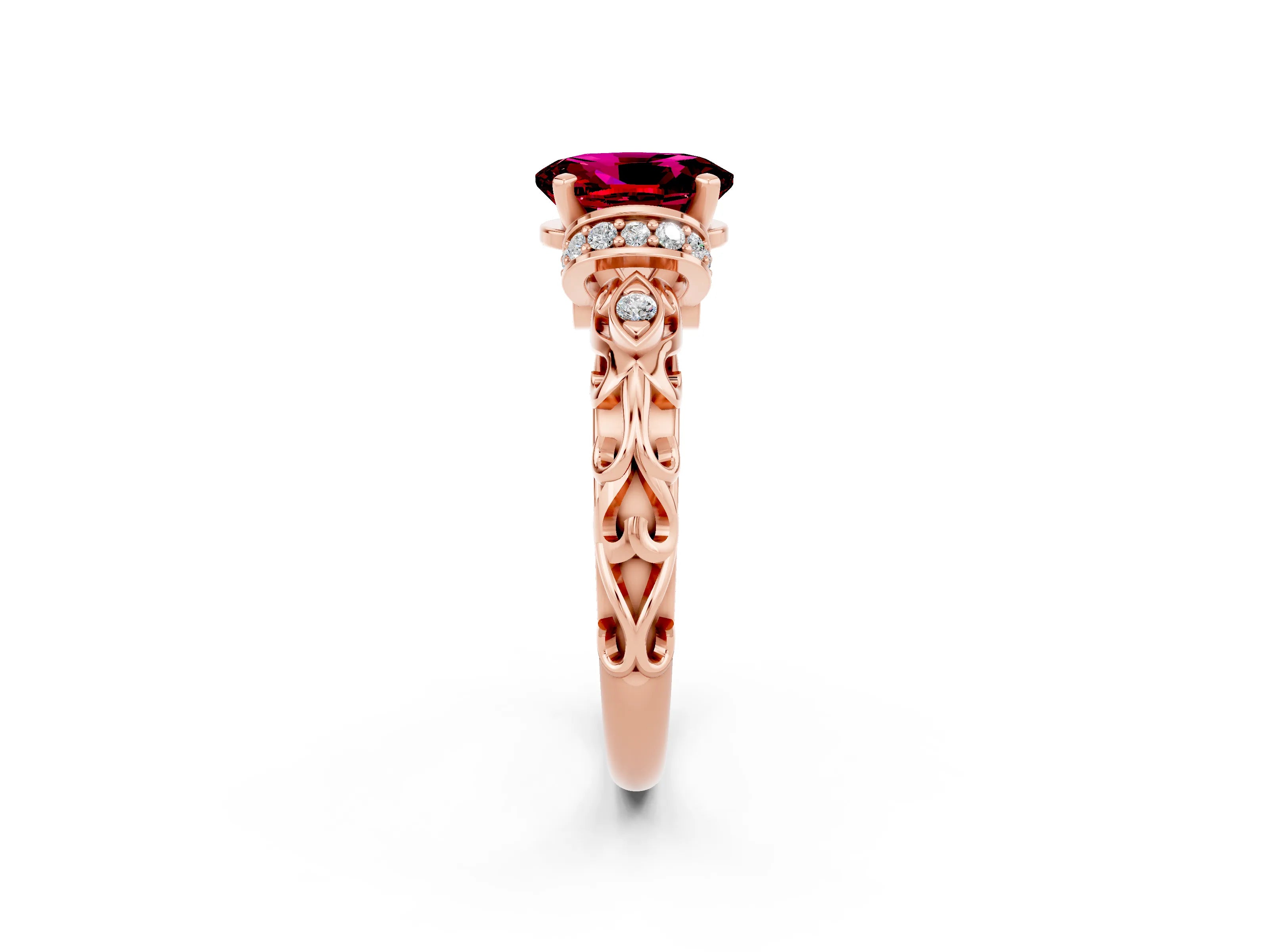 Rose gold Oval Cut Garnet Solitaire Ring with Filigree Band and Four-Prong Setting_26