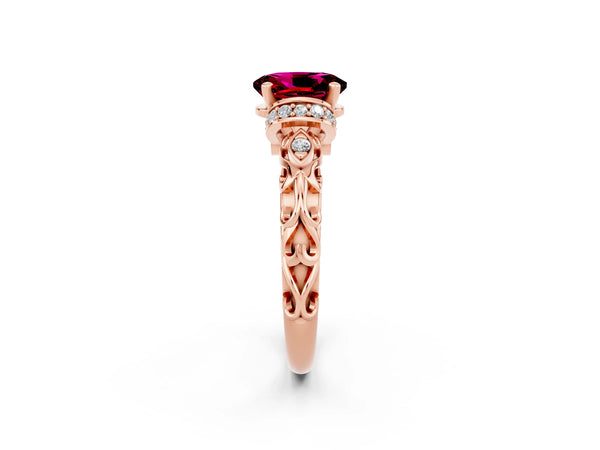 Rose gold Oval Cut Garnet Solitaire Ring with Filigree Band and Four-Prong Setting