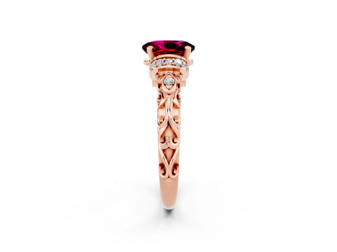 Rose gold Oval Cut Garnet Solitaire Ring with Filigree Band and Four-Prong Setting_26