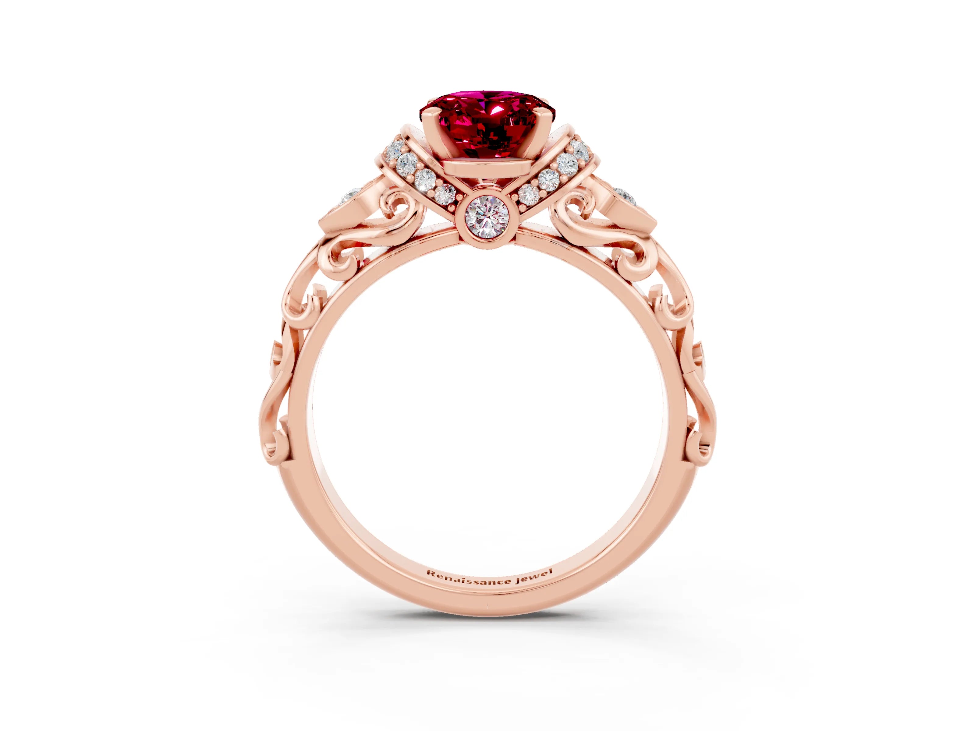 Rose gold Oval Cut Garnet Solitaire Ring with Filigree Band and Four-Prong Setting_27