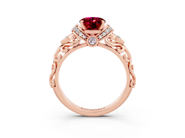 Rose gold Oval Cut Garnet Solitaire Ring with Filigree Band and Four-Prong Setting