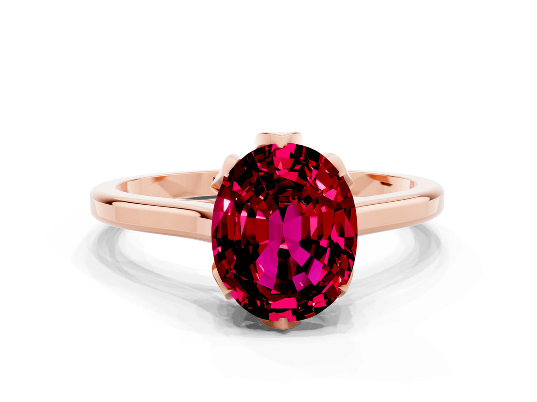 Rose gold Oval Cut Garnet Solitaire Ring with Flower Prong Setting and Classic Band_36