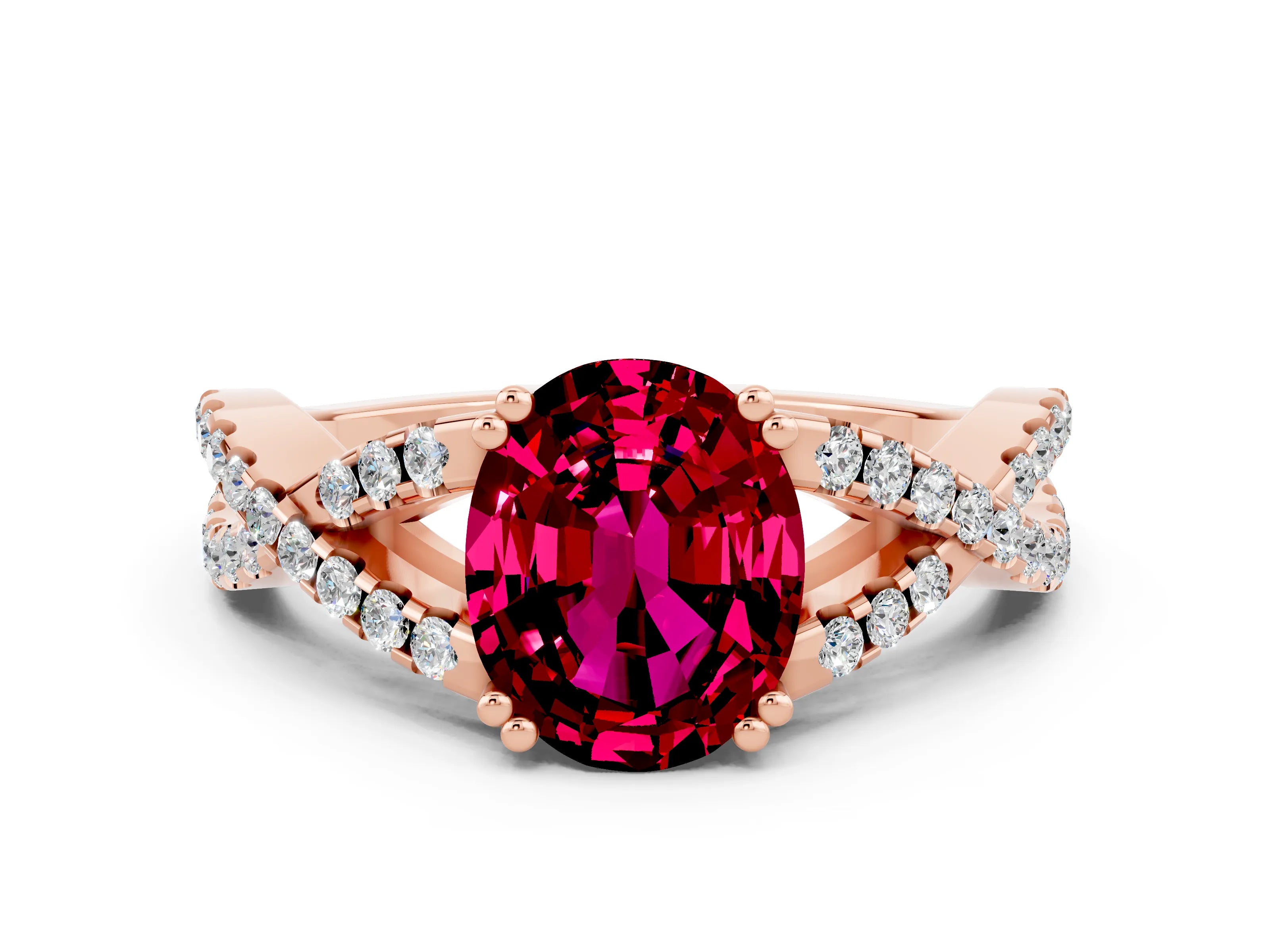Rose gold Oval Cut Garnet Solitaire Ring with Four-Prong Setting and Twisted Pavé Band