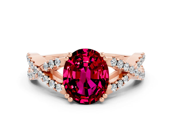 Rose gold Oval Cut Garnet Solitaire Ring with Four-Prong Setting and Twisted Pavé Band