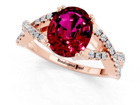 Rose gold Oval Cut Garnet Solitaire Ring with Four-Prong Setting and Twisted Pavé Band_1