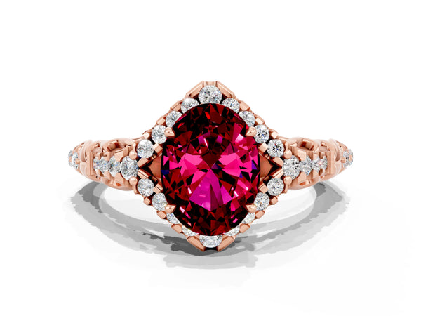 Rose gold Oval Cut Garnet Solitaire Ring with Hidden Halo and Pavé Band