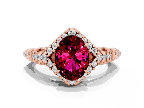 Rose gold Oval Cut Garnet Solitaire Ring with Hidden Halo and Pavé Band_12