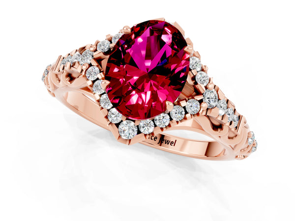 Rose gold Oval Cut Garnet Solitaire Ring with Hidden Halo and Pavé Band