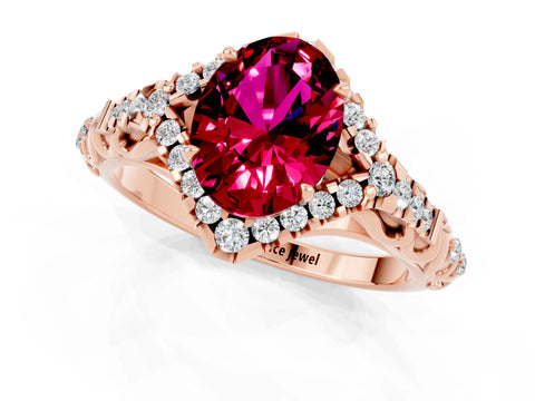 Rose gold Oval Cut Garnet Solitaire Ring with Hidden Halo and Pavé Band_13
