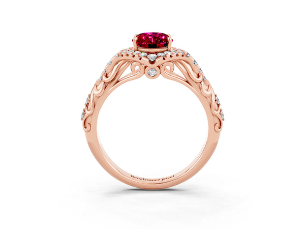 Rose gold Oval Cut Garnet Solitaire Ring with Hidden Halo and Pavé Band
